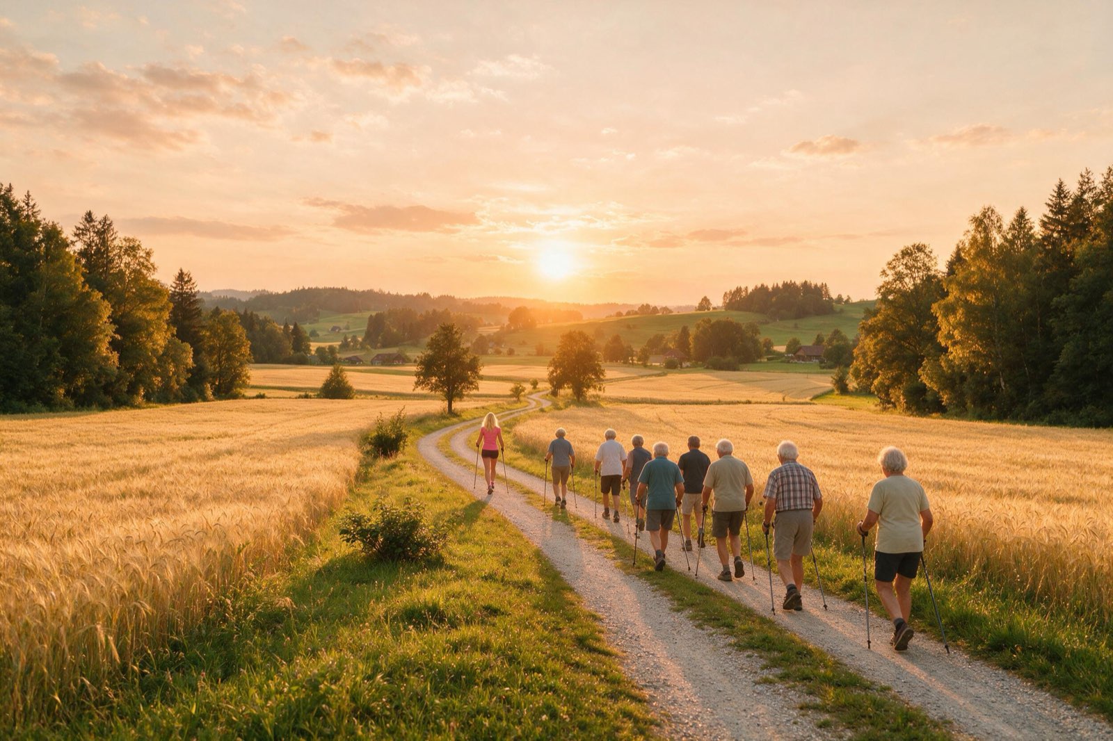 Eine Gruppe älterer Menschen spaziert mit Walkingstöcken bei Sonnenaufgang über einen Feldweg im Mühlviertel