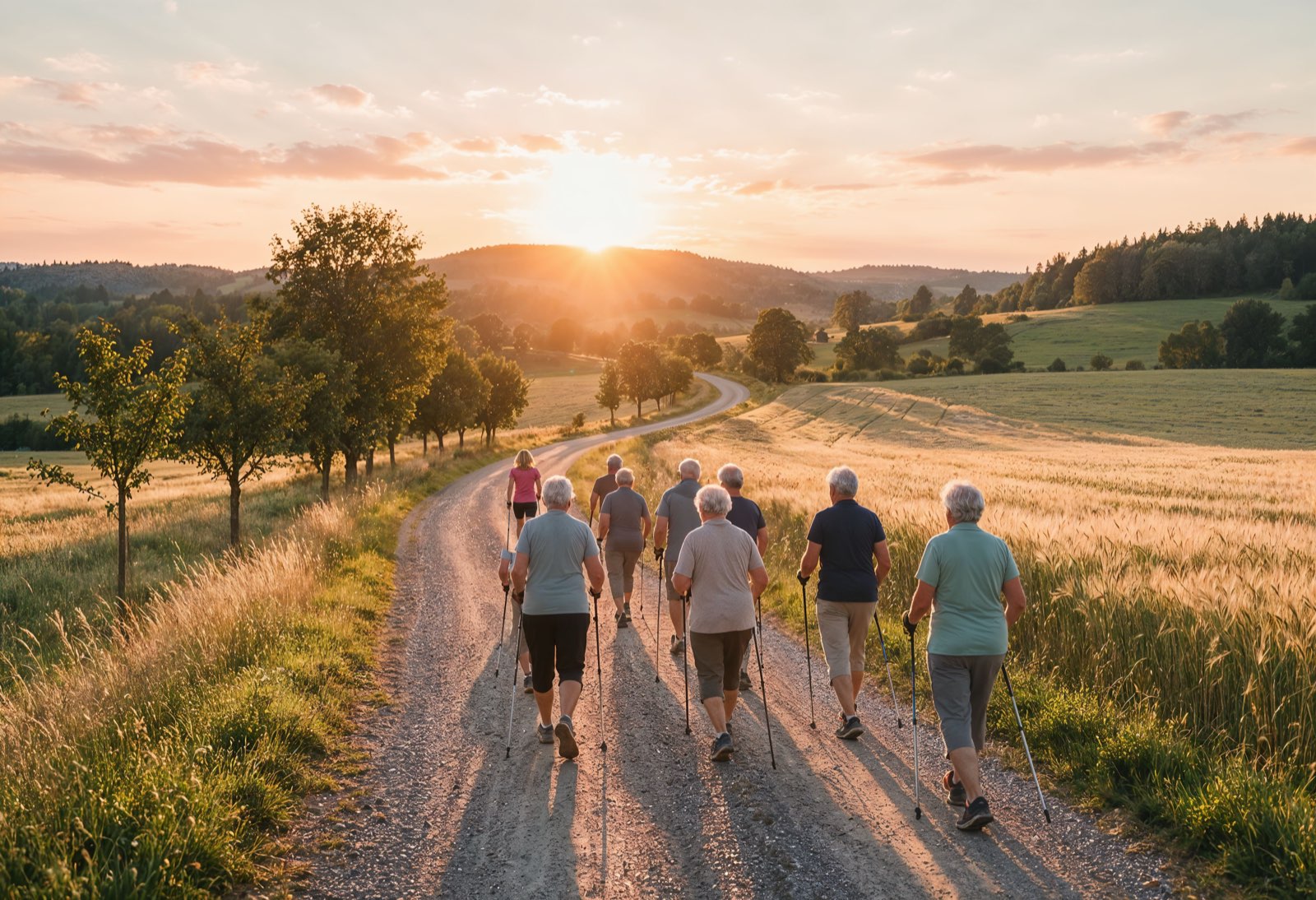 Eine Gruppe älterer Menschen spaziert mit Walkingstöcken bei Sonnenaufgang über einen Feldweg im Mühlviertel